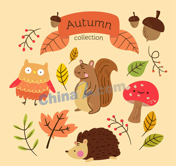 可爱秋季叶子和动物矢量图矢量下载