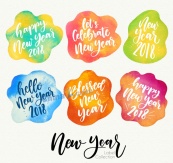 混色水彩墨迹新年快乐标签矢量