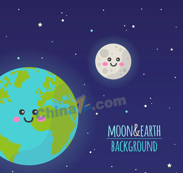 可爱笑脸地球和月亮矢量素材矢量下载