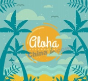 创意夏威夷岛屿椰树剪影矢量