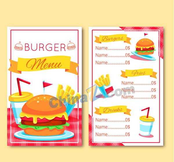 彩色汉堡包店菜单正反面矢量图矢量下载