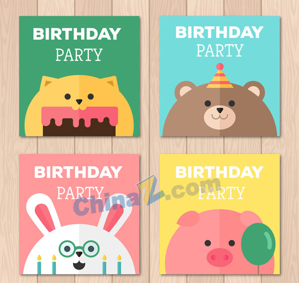 可爱动物生日派对卡片矢量图矢量下载