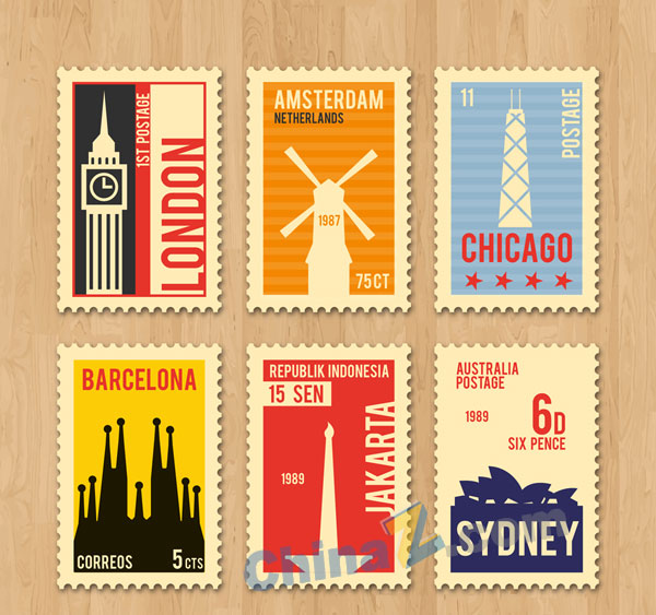 复古旅游城市邮票矢量素材矢量下载
