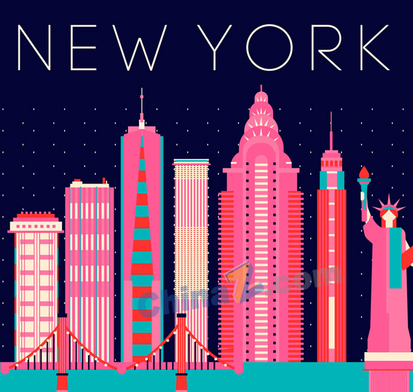 彩色纽约城市剪影矢量素材矢量下载
