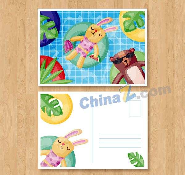 游泳池的兔子和熊明信片矢量下载
