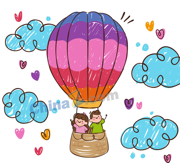 彩绘搭乘热气球的情侣矢量图矢量下载