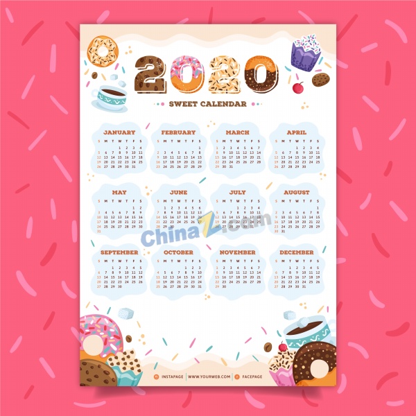 2020年甜点风格日历模板矢量矢量下载