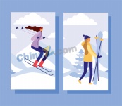 冬季滑雪人物矢量插画