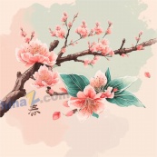 春天国风桃花水彩插图素材