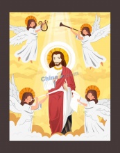 耶稣基督在天堂与天使背景矢量