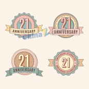 复古21周年纪念徽章矢量模板