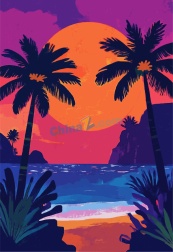 浪漫夏日棕榈树剪影矢量素材