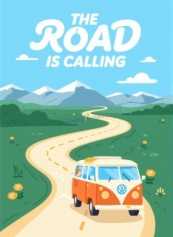 夏日公路旅行扁平矢量海报