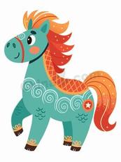 可爱民俗风彩色生肖马矢量插画