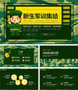 卡通迷彩风新生军训活动策划安排PPT模板