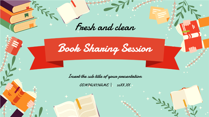 清新薄荷绿插画风读书分享会ppt模板