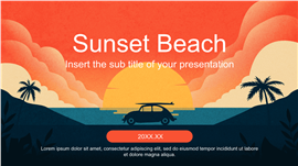 复古插画风海滩旅行推广营销宣传ppt模板