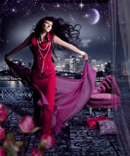 城市夜景红色裙子美女图片