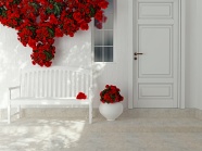 白色房门长椅红花图片