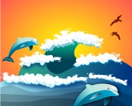 海豚跳跃巨浪图片