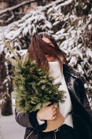 雪地怀抱杉树枝的美女图片