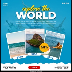 环球旅行折扣促销方形海报PSD素材