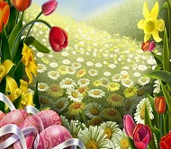 鲜花与复活节彩蛋模板PSD