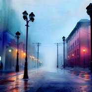 凌晨雾气朦胧城市街景图片