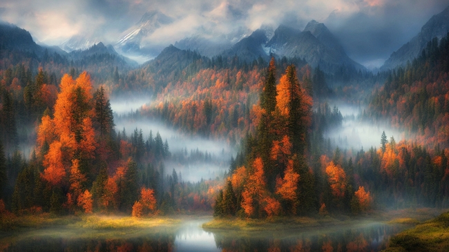 秋意阑珊山水树林风景壁纸图片