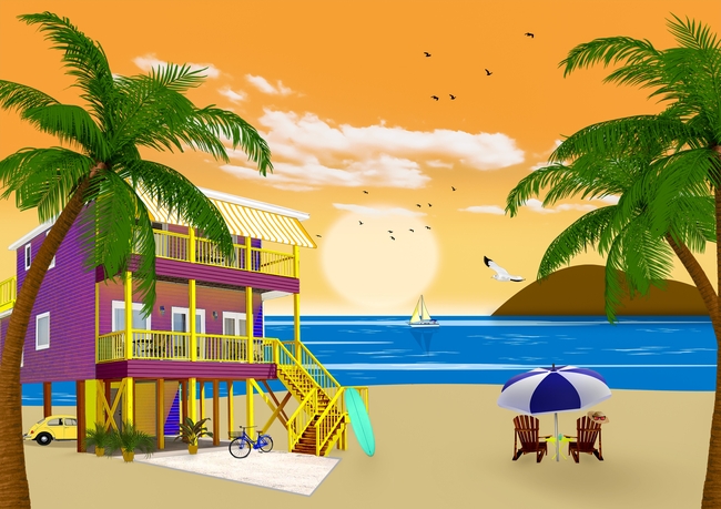 夏日海边沙滩小洋房卡通插画图片