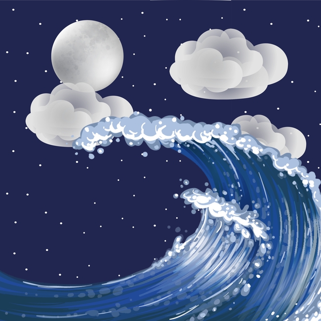 夜晚云朵星星月亮海浪绘画作品图片