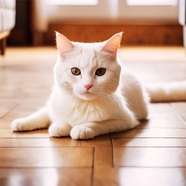 趴在木地板上的白色猫咪图片