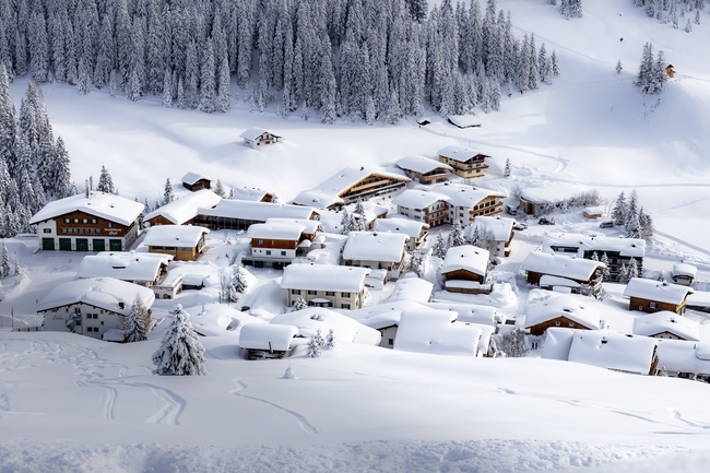 唯美冬季雪松树林小村庄雪屋雪景图片