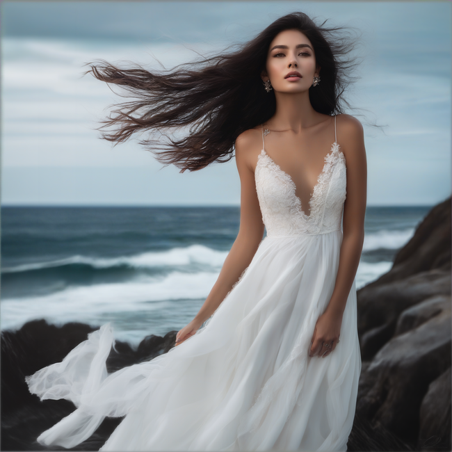 海边性感白裙美女人体模特摄影精美图片
