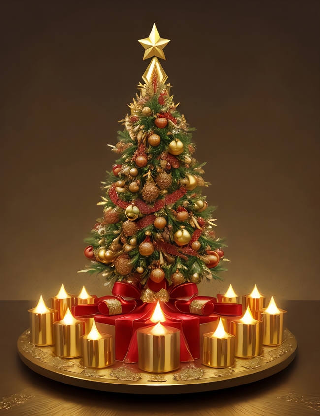 金色饰品装饰的圣诞树摄影图片