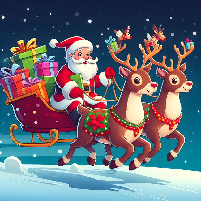 圣诞老人驾着驯鹿送礼物卡通图片下载