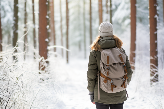 冬季树林徒步旅行美女背影精美图片