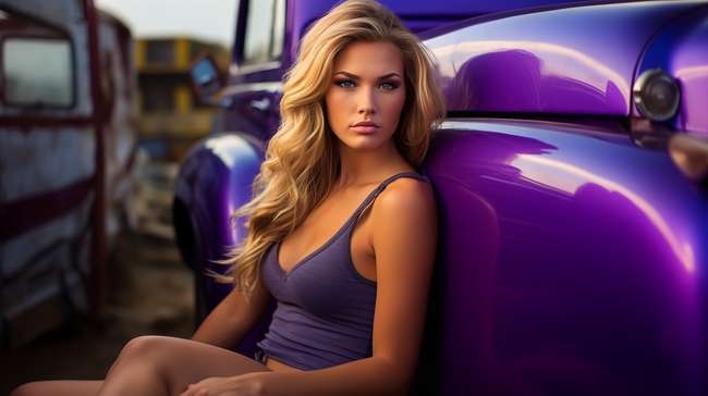 倚靠在紫色汽车边上的性感美女高清图片