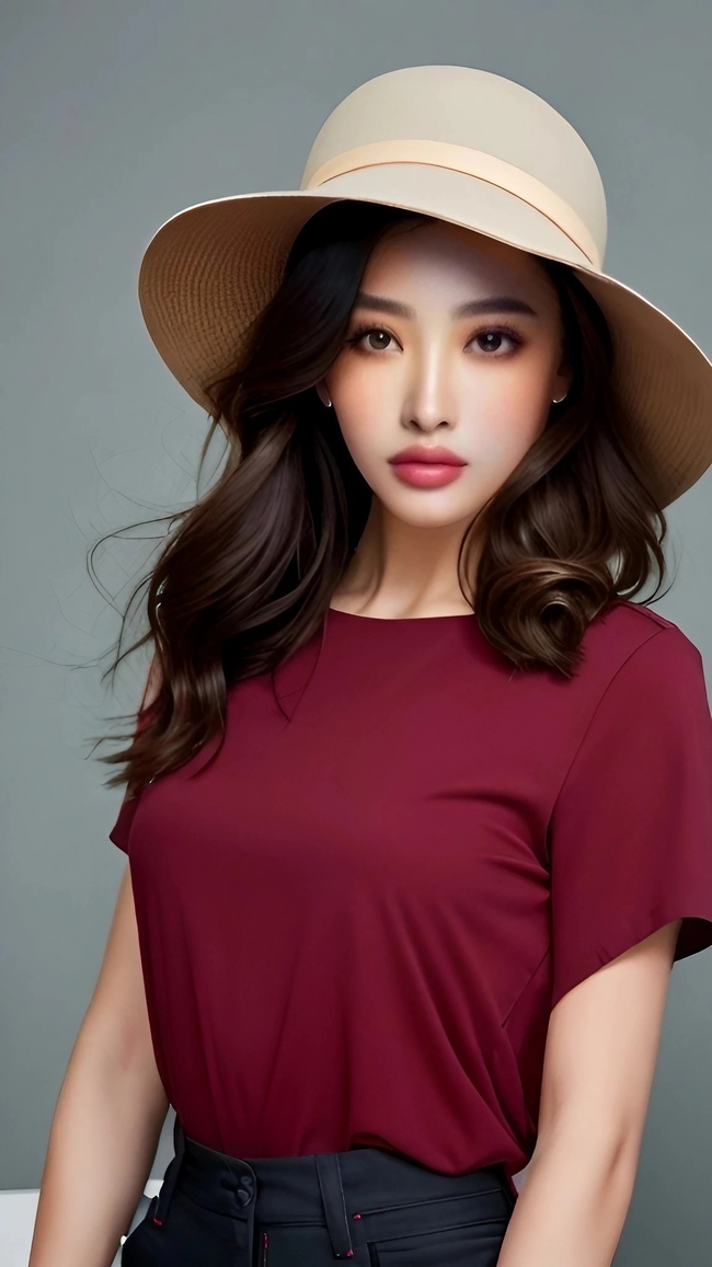 亚洲酒红色T恤戴帽美女图片