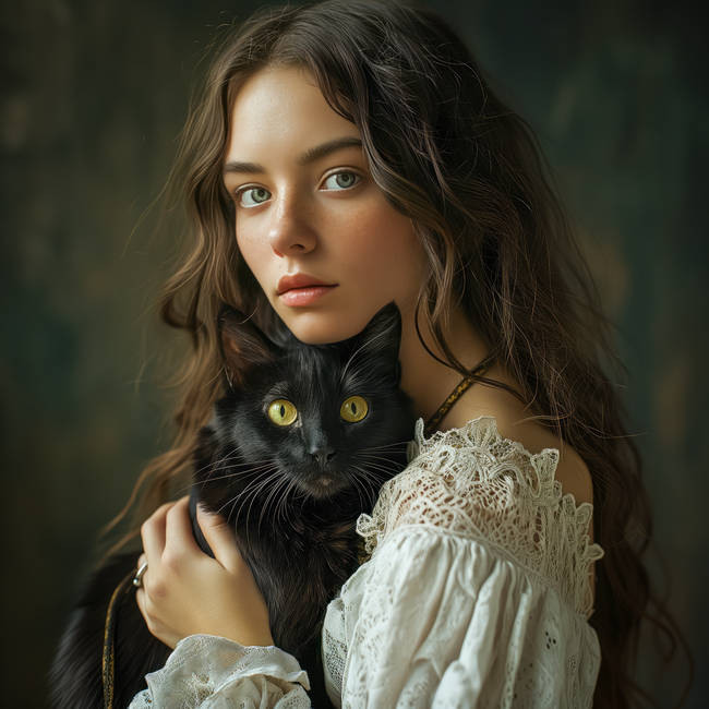 手里抱着黑色猫咪的美女精美图片