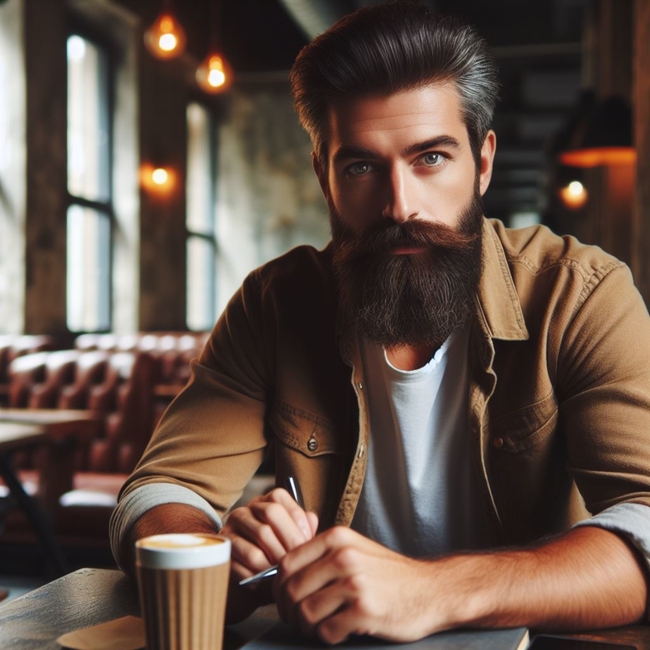 一个坐在咖啡馆里的大胡子帅哥图片