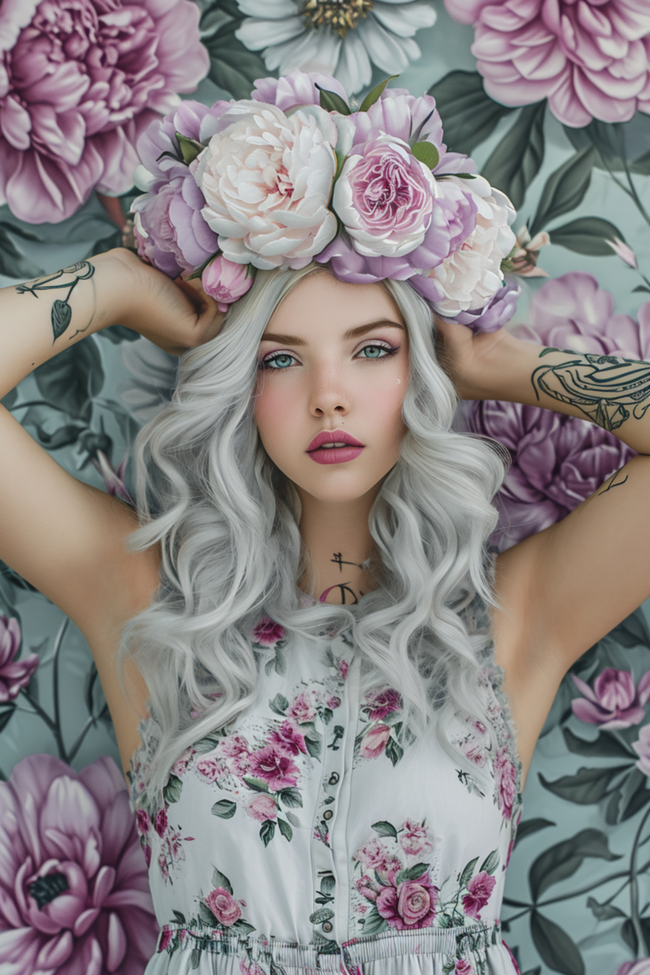 欧美白发美女花卉艺术摄影写真高清图片