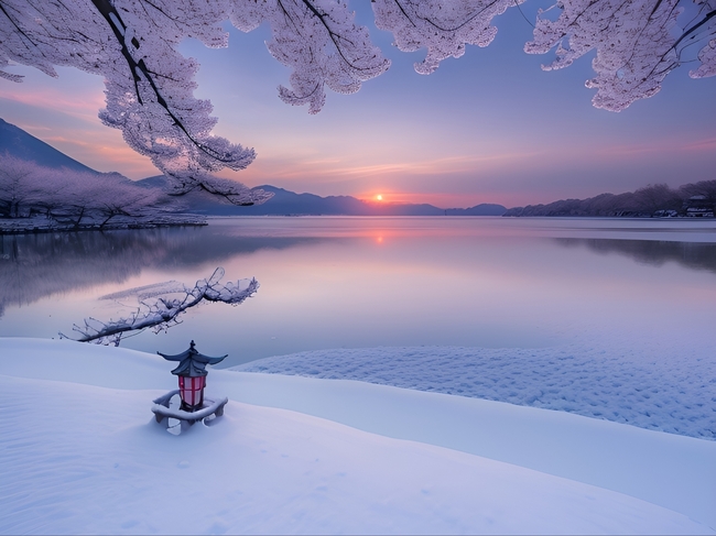 冬季日暮黄昏唯美雪景湖泊摄影图片