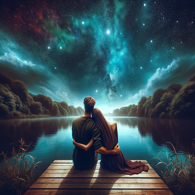 欧美湖边浪漫情侣看星星背影高清图片