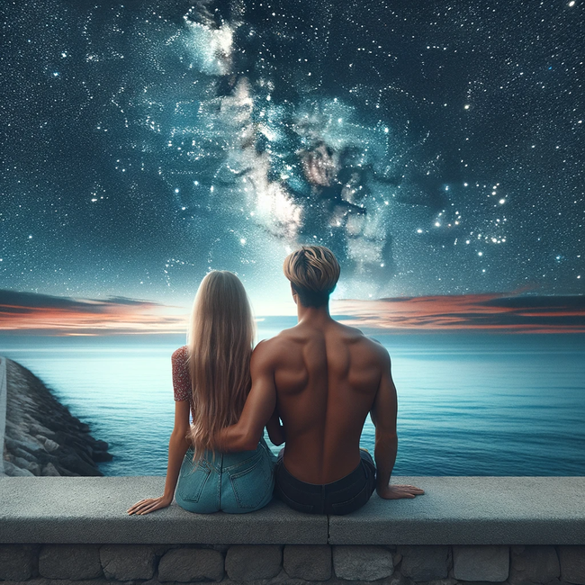 夜晚唯美海边浪漫情侣看星星图片下载