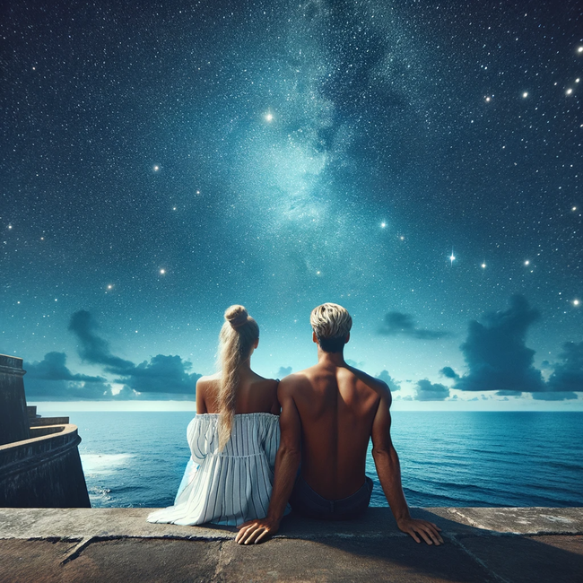 夜晚唯美浪漫海边情侣看星星图片
