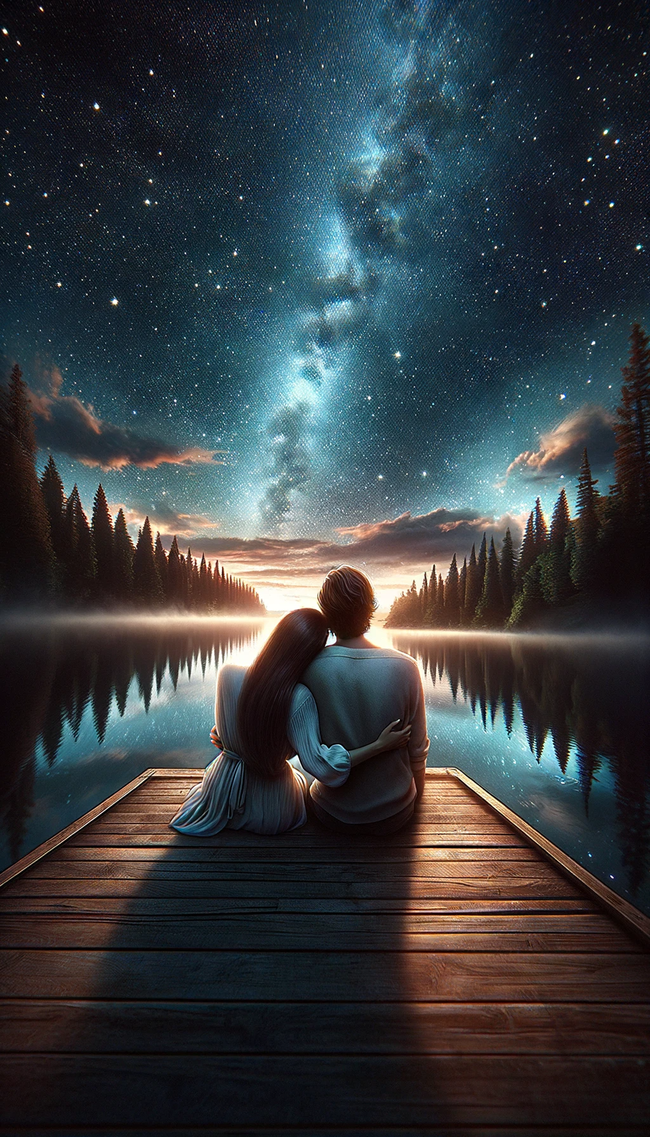 夜晚浪漫湖边看星星情侣背影高清图片