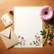 木桌信封信纸鲜花摄影图片