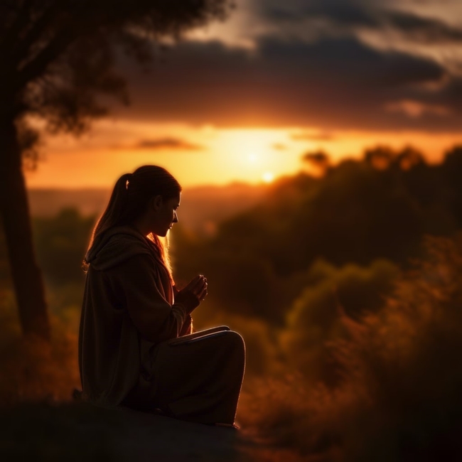 日暮黄昏美女坐在山野户外祷告图片-最骚博客