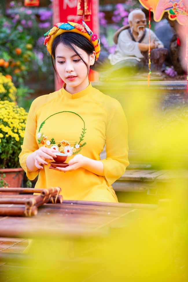 越南春天黄色奥黛美女摄影图片